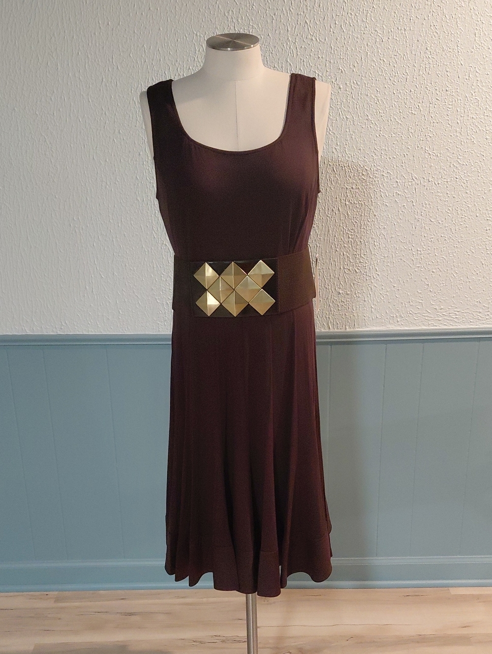 Nue by Shani Sleeveless Chocolate Brown Midi Dress with Gold Accent Belt